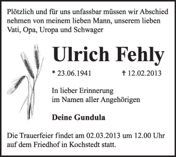 Traueranzeige von Ulrich Fehly von Super Sonntag Dessau / Köthen