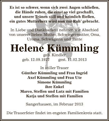 Traueranzeige von Helene Kümmling von Mitteldeutsche Zeitung Sangerhausen