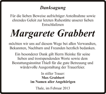 Traueranzeige von Margarete Grabbert von Mitteldeutsche Zeitung Quedlinburg
