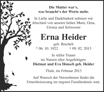 Traueranzeige von Erna Heider von Mitteldeutsche Zeitung Quedlinburg