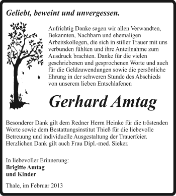 Traueranzeige von Gerhard Amtag von Mitteldeutsche Zeitung Quedlinburg