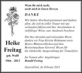 Traueranzeige von Heike Freitag von WVG - Wochenspiegel Aschersleben