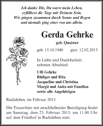 Traueranzeige von Gerda Gehrke von WVG - Wochenspiegel Aschersleben
