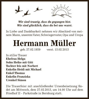 Traueranzeige von Hermann Müller von Mitteldeutsche Zeitung Bernburg