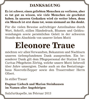 Traueranzeige von Eleonore Traue von WVG - Wochenspiegel Bitterfeld