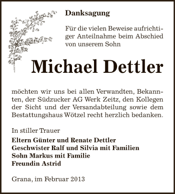Traueranzeige von Michael Dettler von Mitteldeutsche Zeitung Zeitz