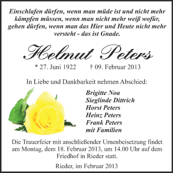 Traueranzeige von Helmut Peters von Mitteldeutsche Zeitung Quedlinburg