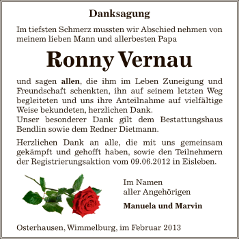 Traueranzeige von Ronny Vernau von WVG - Wochenspiegel SGH