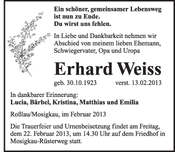 Traueranzeige von Erhard Weiss von Mitteldeutsche Zeitung Dessau-Roßlau