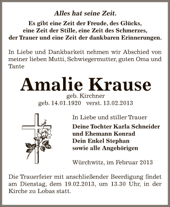 Traueranzeige von Amalie Krause von Mitteldeutsche Zeitung Zeitz