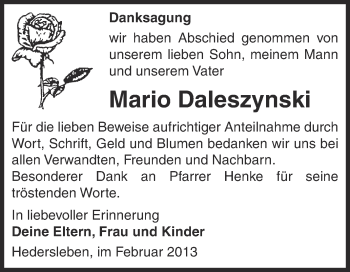 Traueranzeige von Mario Daleszynski von Mitteldeutsche Zeitung Quedlinburg