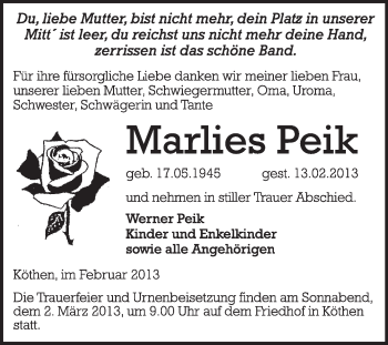 Traueranzeige von Marlies Peik von Mitteldeutsche Zeitung Köthen