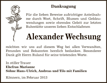 Traueranzeige von Alexander Wechsung von Mitteldeutsche Zeitung Bernburg