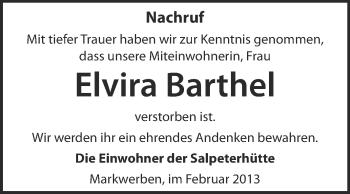 Traueranzeige von Elvira Barthel von WVG - Wochenspiegel NMB / WSF / ZTZ