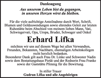 Traueranzeige von Erhard Lifka von Mitteldeutsche Zeitung Köthen