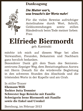 Traueranzeige von Elfriede Biermordt von Mitteldeutsche Zeitung Bernburg