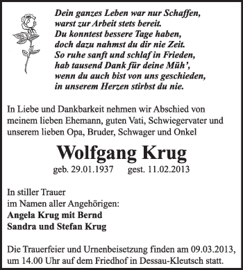 Traueranzeige von Wolfgang Krug von Mitteldeutsche Zeitung Dessau-Roßlau