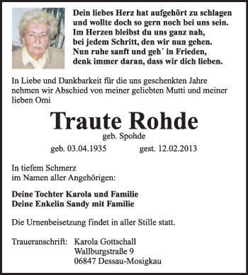 Traueranzeige von Traute Rohde von Mitteldeutsche Zeitung Dessau-Roßlau