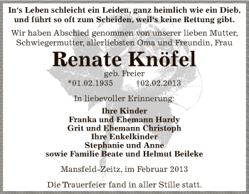 Traueranzeige von Renate Knöfel von Wochenspiegel Mansfelder Land