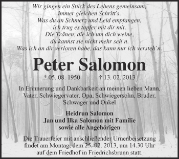 Traueranzeige von Peter Salomon von WVG - Wochenspiegel Quedlinburg