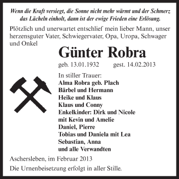 Traueranzeige von Günter Robra von WVG - Wochenspiegel Aschersleben