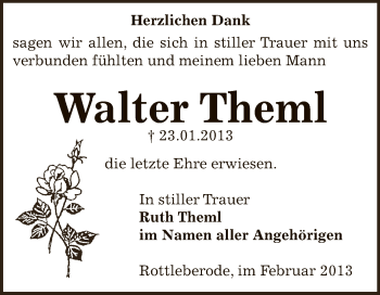 Traueranzeige von Walter Theml von Mitteldeutsche Zeitung Sangerhausen