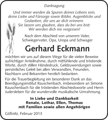 Traueranzeige von Gerhard Eckmann von WVG - Wochenspiegel NMB / WSF / ZTZ
