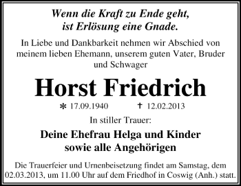 Traueranzeige von Horst Friedrich von Mitteldeutsche Zeitung Jessen
