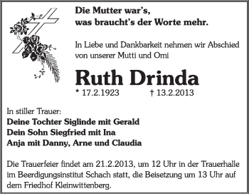 Traueranzeige von Ruth Drinda von Mitteldeutsche Zeitung Jessen