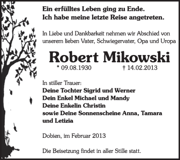 Traueranzeige von Robert Mikowski von Mitteldeutsche Zeitung Jessen