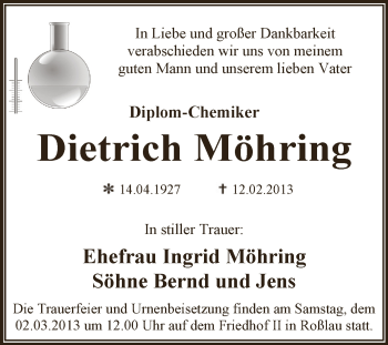Traueranzeige von Dietrich Möhring von WVG - Wochenspiegel Dessau / Köthen