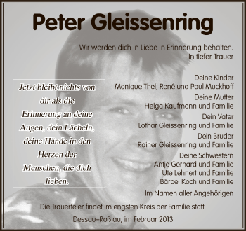 Traueranzeige von Peter Gleissenring von WVG - Wochenspiegel Dessau / Köthen