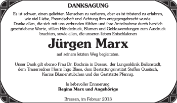 Traueranzeige von Jürgen Marx von Mitteldeutsche Zeitung Köthen