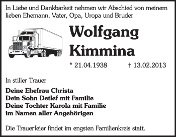 Traueranzeige von Wolfgang Kimmina von Super Sonntag Dessau / Köthen