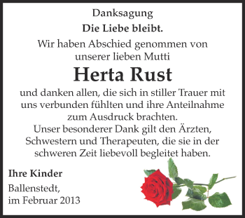 Traueranzeige von Herta Rust von WVG - Wochenspiegel Quedlinburg