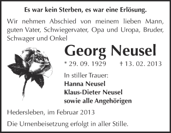Traueranzeige von Georg Neusel von WVG - Wochenspiegel Quedlinburg