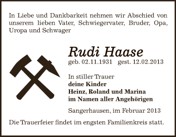 Traueranzeige von Rudi Haase von WVG - Wochenspiegel SGH