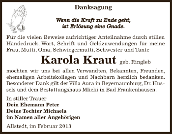 Traueranzeige von Karola Kraut von WVG - Wochenspiegel SGH