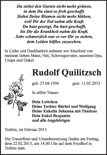 Traueranzeige von Rudolf Quilitzsch von Mitteldeutsche Zeitung Jessen