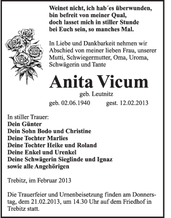 Traueranzeige von Anita Vicum von Mitteldeutsche Zeitung Jessen