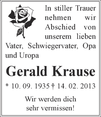 Traueranzeige von Gerald Krause von WVG - Wochenspiegel Quedlinburg