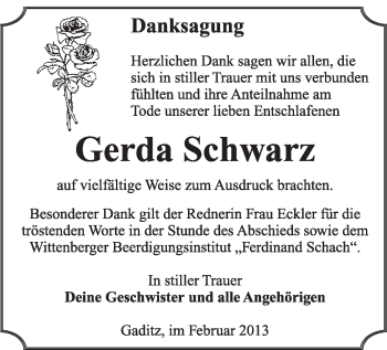 Traueranzeige von Gerda Schwarz von Mitteldeutsche Zeitung Jessen