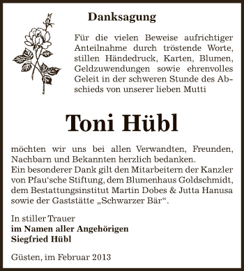 Traueranzeige von Toni Hübl von Mitteldeutsche Zeitung Bernburg