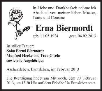 Traueranzeige von Erna Biermordt von Mitteldeutsche Zeitung Quedlinburg