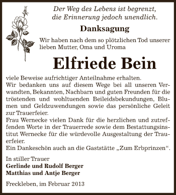 Traueranzeige von Elfriede Bein von Wochenspiegel Mansfelder Land
