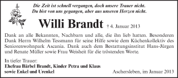 Traueranzeige von Willi Brandt von WVG - Wochenspiegel Aschersleben