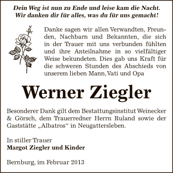 Traueranzeige von Werner Ziegler von Mitteldeutsche Zeitung Bernburg