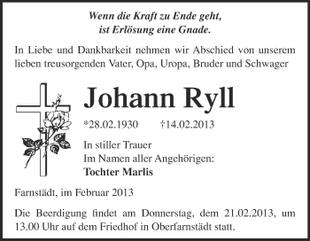 Traueranzeige von Johann Ryll von WVG - Wochenspiegel Merseburg