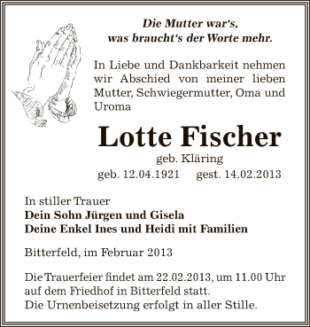 Traueranzeige von Lotte Fischer von WVG - Wochenspiegel Bitterfeld