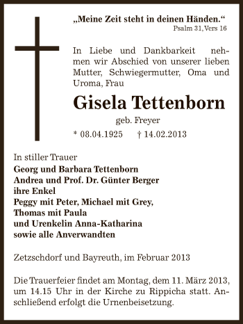 Traueranzeige von Gisela Tettenborn von Super Sonntag Zeitz